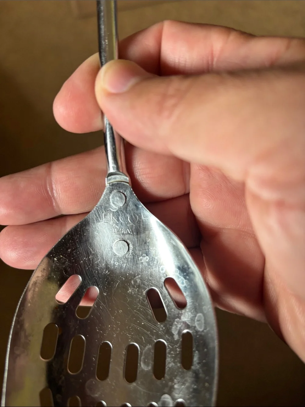 Vintage Ekco USA Light Blue Handle Stainless Steel Slotted Serving Spoon